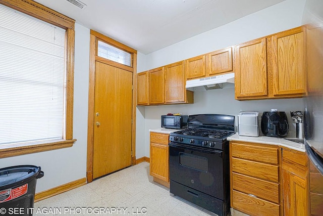5942 S Calumet Ave, Chicago, IL 60637 - kitchen with black appliances, under cabinet range hood, light countertops, light flooring, and brown cabinetry