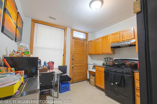 5942 S Calumet Ave, Chicago, IL 60637 - kitchen featuring black appliances, under cabinet range hood, light flooring, and brown cabinetry