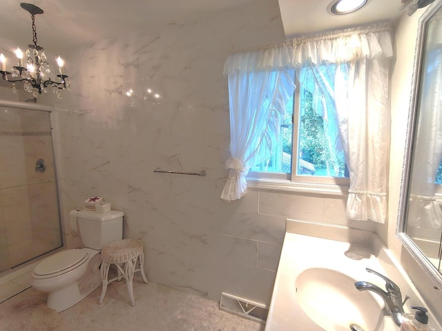 28442 W Main St, Barrington, IL 60010 - full bathroom with tile walls, a shower stall, a chandelier, and vanity