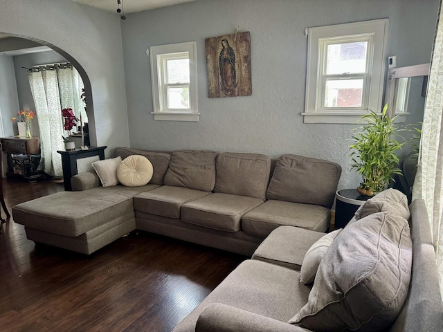 109 Seminary Ave, Aurora, IL 60505 - living room featuring arched walkways, dark wood-style floors, and a textured wall