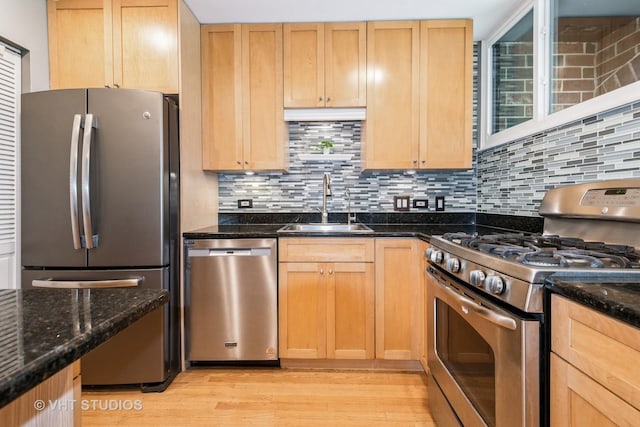 806 S May St, Chicago, IL 60607 - kitchen featuring stainless steel appliances, light wood-style flooring, decorative backsplash, and dark stone counters