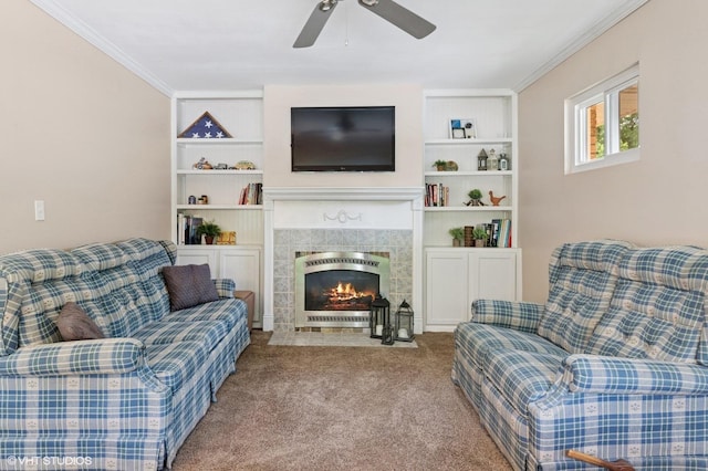 200 E Park Ave, Bloomingdale, IL 60108 - living room with carpet floors, crown molding, ceiling fan, a tile fireplace, and built in features