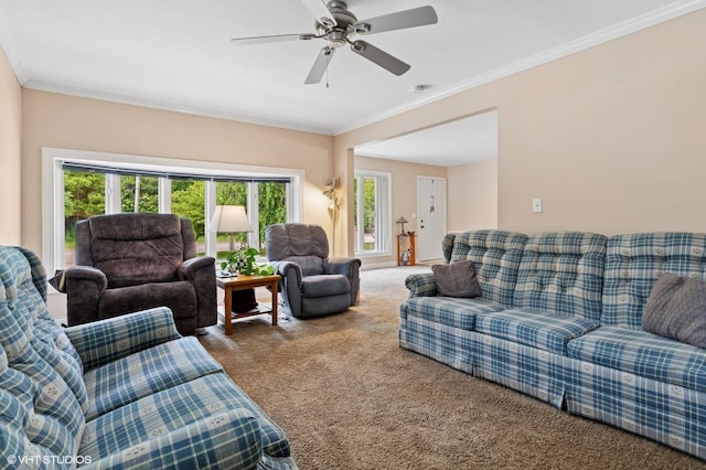 200 E Park Ave, Bloomingdale, IL 60108 - living room featuring carpet flooring, healthy amount of natural light, ornamental molding, and ceiling fan