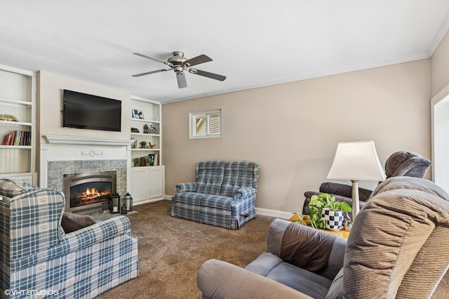 200 E Park Ave, Bloomingdale, IL 60108 - living room with ceiling fan, carpet, a fireplace, crown molding, and built in features