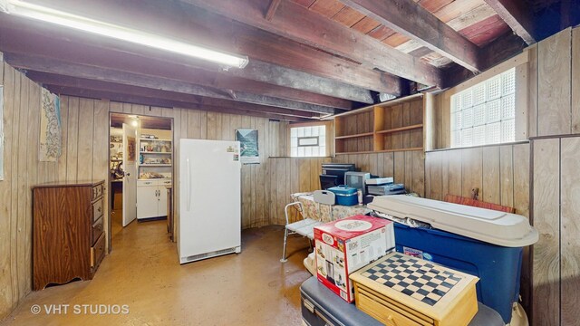 3120 N Natoma Ave, Chicago, IL 60634 - below grade area with freestanding refrigerator and wood walls
