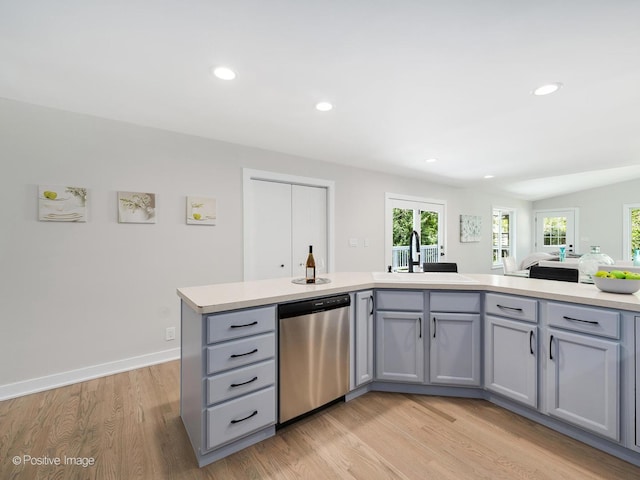 622 Pleasant Pl, Streamwood, IL 60107 - kitchen with dishwasher, gray cabinetry, light wood-style flooring, light countertops, and recessed lighting