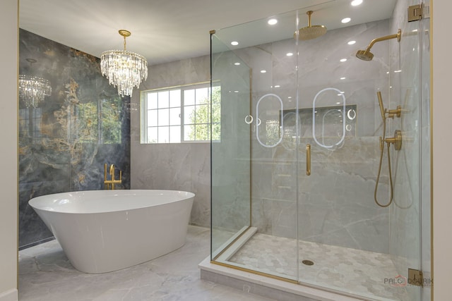 5860 Betty Gloyd Dr, Hoffman Estates, IL 60192 - bathroom with marble tiled flooring, a marble finish shower, a freestanding bath, a chandelier, and recessed lighting