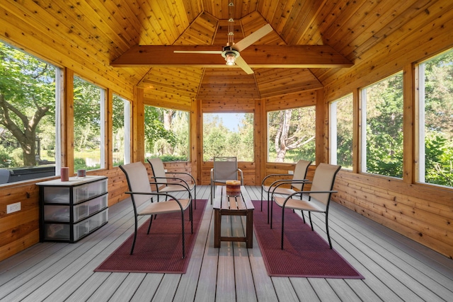 1670 Jasmine Ct, Highland Park, IL 60035 - sunroom featuring plenty of natural light, wooden ceiling, lofted ceiling, a wooden deck, and wood walls