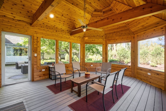1670 Jasmine Ct, Highland Park, IL 60035 - sunroom / solarium featuring a deck, an outdoor hangout area, hardwood / wood-style floors, wood walls, and wooden ceiling