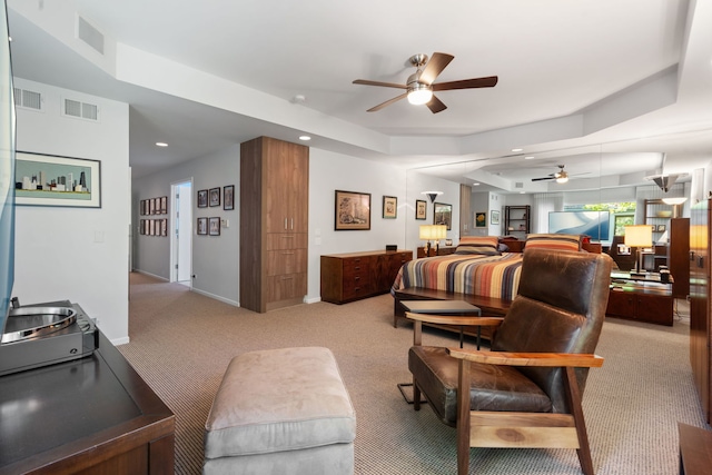 1670 Jasmine Ct, Highland Park, IL 60035 - living room featuring a ceiling fan, light carpet, a raised ceiling, and recessed lighting