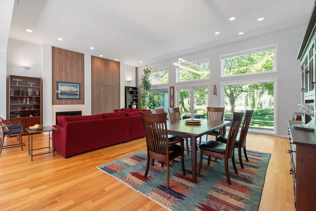 1670 Jasmine Ct, Highland Park, IL 60035 - dining space with healthy amount of natural light, light wood-type flooring, a large fireplace, and recessed lighting