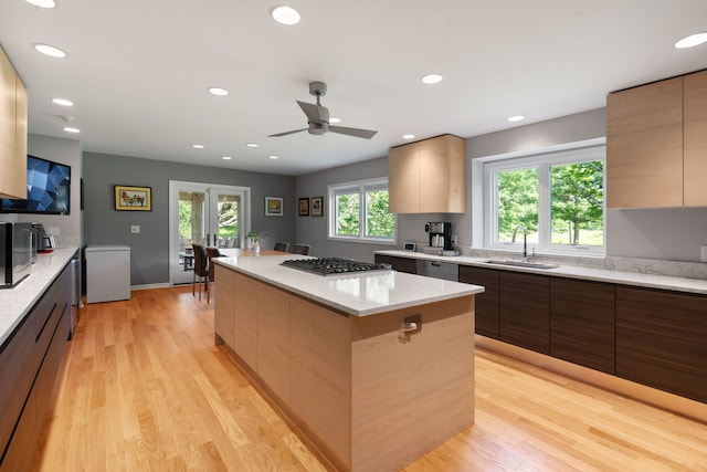 1670 Jasmine Ct, Highland Park, IL 60035 - kitchen featuring modern cabinets, appliances with stainless steel finishes, a kitchen island, light wood-style flooring, and recessed lighting