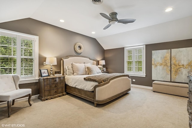 423 S Beverly Ln, Arlington Heights, IL 60005 - bedroom with lofted ceiling, light carpet, multiple windows, recessed lighting, and ceiling fan