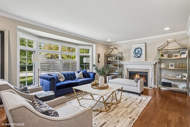423 S Beverly Ln, Arlington Heights, IL 60005 - living room with a premium fireplace, wood finished floors, crown molding, and recessed lighting