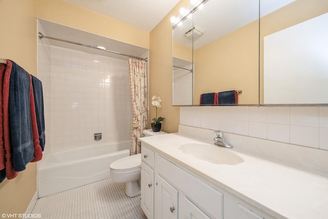 601 Lake Hinsdale Dr Unit 104, Willowbrook, IL 60527 - full bathroom with vanity, shower / tub combo with curtain, tile patterned flooring, and decorative backsplash