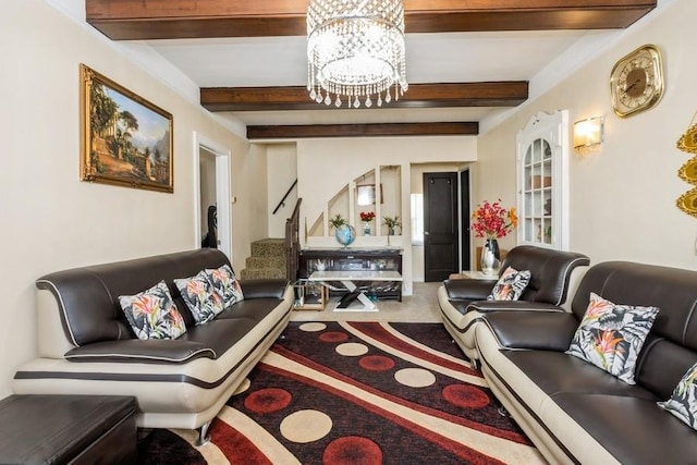 6612 N Mozart St, Chicago, IL 60645 - carpeted living area with a chandelier, beam ceiling, and stairs