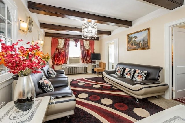 6612 N Mozart St, Chicago, IL 60645 - carpeted living area featuring radiator, a chandelier, beam ceiling, and cooling unit