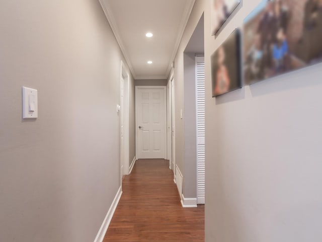 1 Oak Creek Dr Unit 2305, Buffalo Grove, IL 60089 - hallway featuring ornamental molding, dark wood finished floors, and recessed lighting