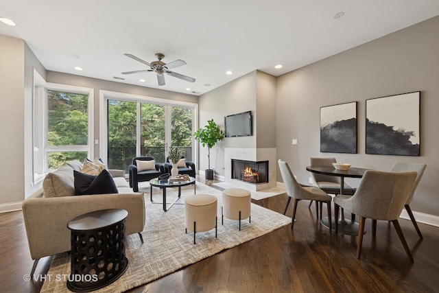 2259 W Wabansia Ave Unit 309, Chicago, IL 60647 - living room featuring wood finished floors, a high end fireplace, a ceiling fan, and recessed lighting