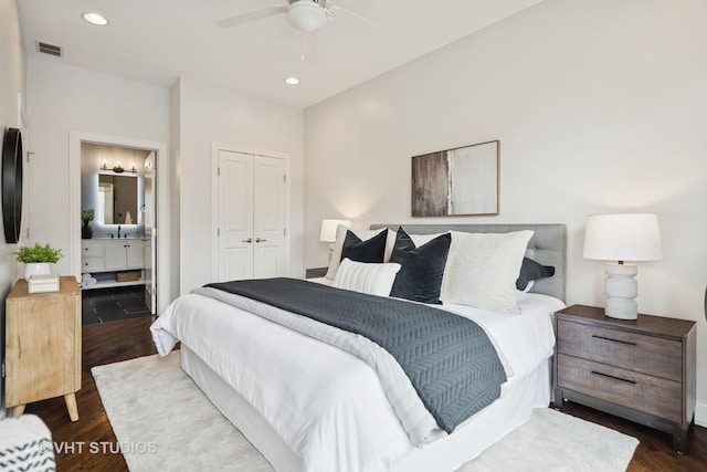 2259 W Wabansia Ave Unit 309, Chicago, IL 60647 - bedroom with dark wood-type flooring, a closet, recessed lighting, ensuite bath, and ceiling fan
