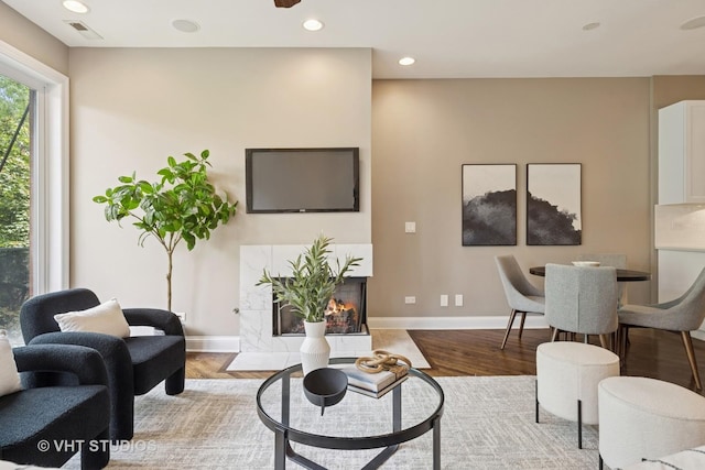 2259 W Wabansia Ave Unit 309, Chicago, IL 60647 - living area with a fireplace, recessed lighting, and wood finished floors