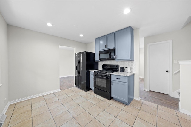 3508 Maple Ln, Hazel Crest, IL 60429 - kitchen featuring black appliances, backsplash, light tile patterned floors, recessed lighting, and gray cabinets