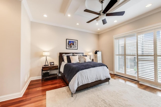 2011 W Huron St, Chicago, IL 60612 - bedroom with wood finished floors, access to exterior, crown molding, recessed lighting, and a ceiling fan