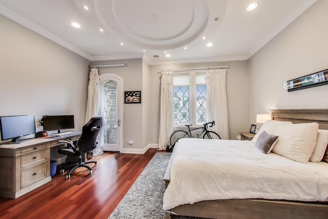 2011 W Huron St, Chicago, IL 60612 - bedroom with ornamental molding, dark wood finished floors, recessed lighting, a desk, and access to outside