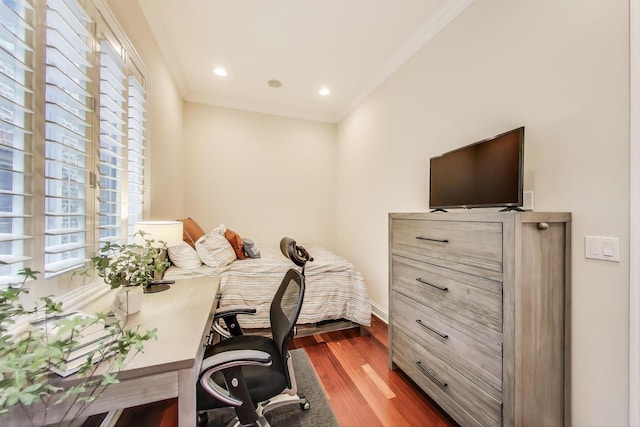 2011 W Huron St, Chicago, IL 60612 - bedroom featuring ornamental molding, dark wood finished floors, and recessed lighting