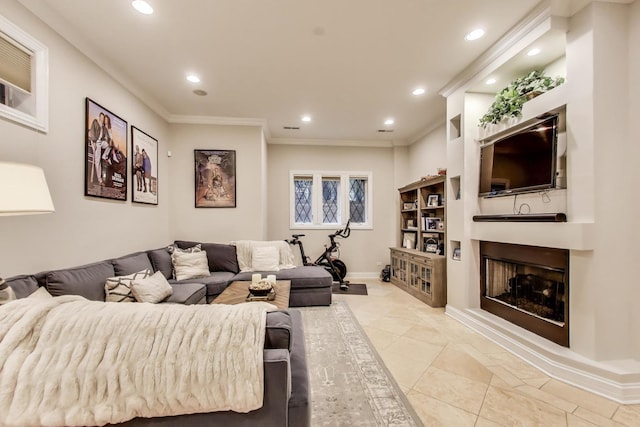 2011 W Huron St, Chicago, IL 60612 - living area featuring crown molding, recessed lighting, a fireplace, and light tile patterned floors