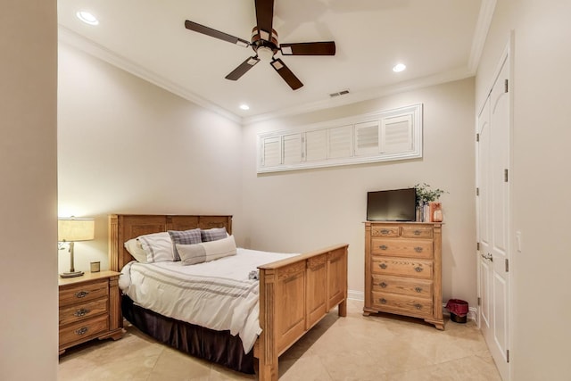 2011 W Huron St, Chicago, IL 60612 - bedroom featuring ornamental molding, light tile patterned floors, recessed lighting, and ceiling fan