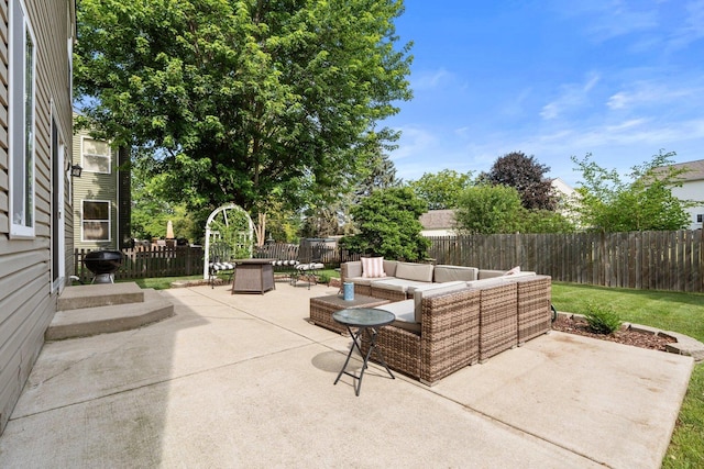 10154 Ashley St, Huntley, IL 60142 - fenced backyard with outdoor lounge area, a patio area, and grilling area