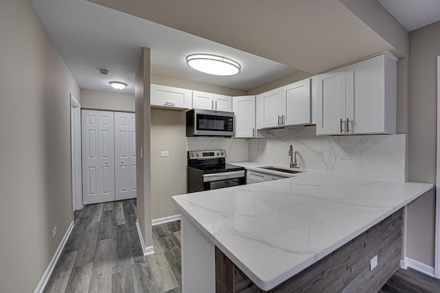 5522 E Lake Dr Unit B, Lisle, IL 60532 - kitchen with stainless steel appliances, light stone countertops, a peninsula, dark wood finished floors, and decorative backsplash