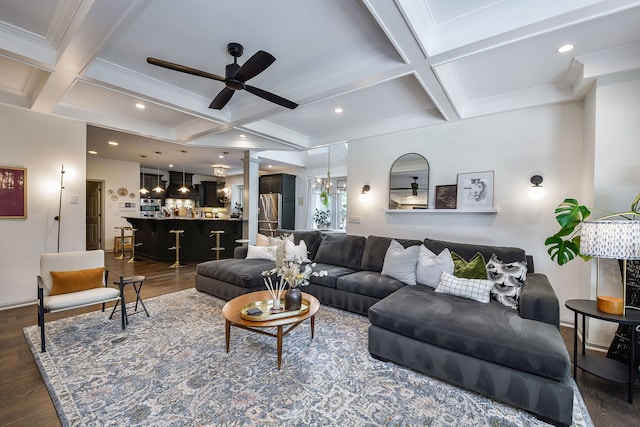 72 Gray St, Saint Charles, IL 60174 - living room featuring coffered ceiling, dark wood-style flooring, a ceiling fan, beam ceiling, and decorative columns