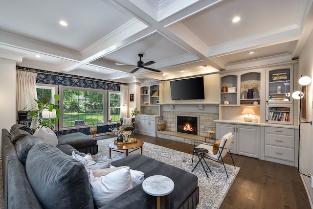 72 Gray St, Saint Charles, IL 60174 - living area featuring a fireplace, dark wood-style flooring, crown molding, ceiling fan, and coffered ceiling