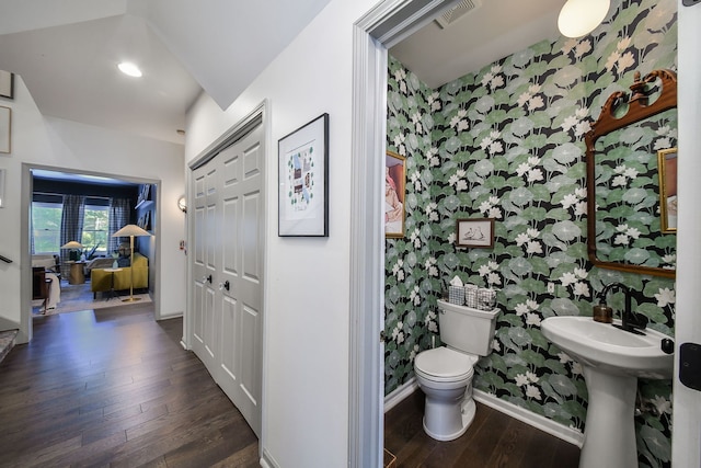 72 Gray St, Saint Charles, IL 60174 - half bathroom with wallpapered walls, wood-type flooring, and an accent wall