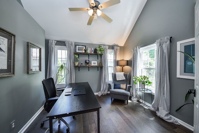 72 Gray St, Saint Charles, IL 60174 - office featuring a ceiling fan, dark wood-style flooring, and high vaulted ceiling