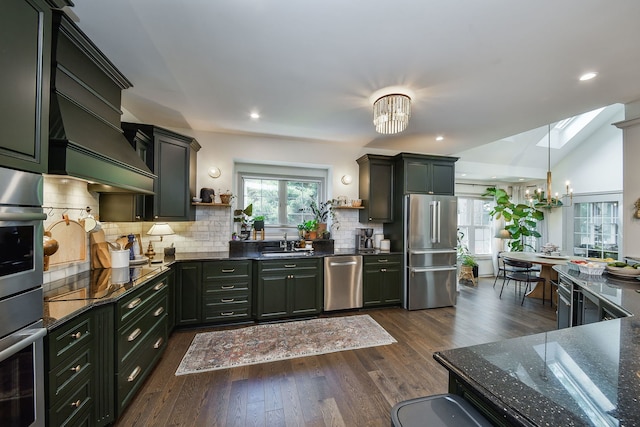 72 Gray St, Saint Charles, IL 60174 - kitchen featuring stainless steel appliances, open shelves, a chandelier, backsplash, and dark wood-style flooring