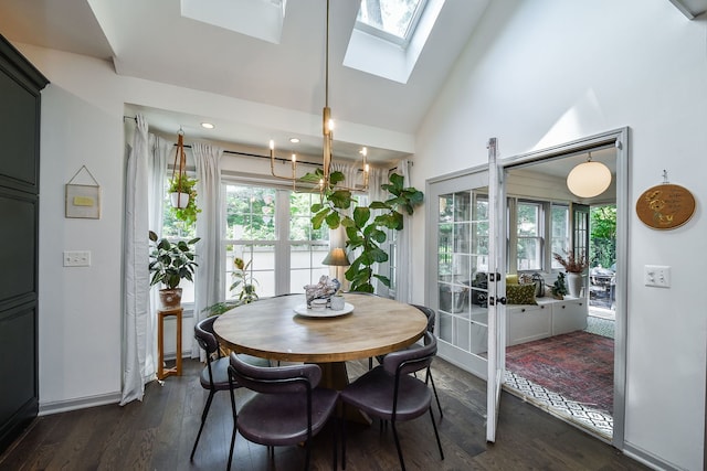 72 Gray St, Saint Charles, IL 60174 - dining space with a skylight, french doors, dark wood-type flooring, high vaulted ceiling, and recessed lighting