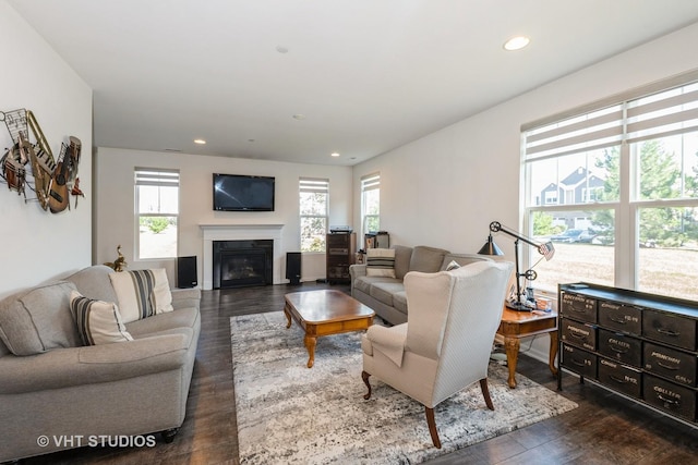 16212 W Switch Grass Rd, Lockport, IL 60441 - living room featuring dark wood-type flooring, recessed lighting, and a glass covered fireplace