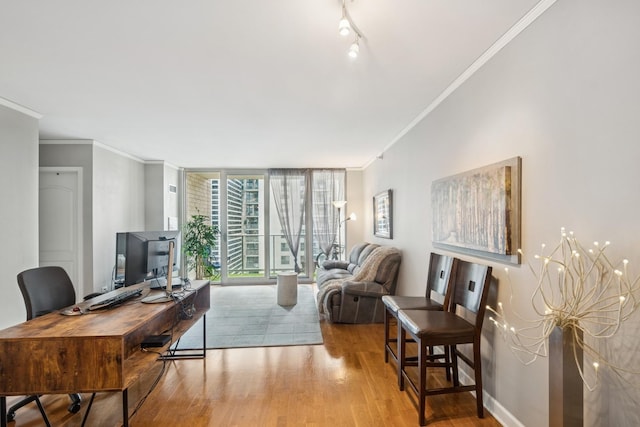420 E Waterside Dr Unit 1302, Chicago, IL 60601 - living area with crown molding, wood finished floors, a desk, and a wall of windows
