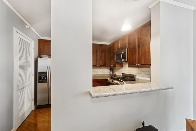 420 E Waterside Dr Unit 1302, Chicago, IL 60601 - kitchen with stainless steel appliances, ornamental molding, decorative backsplash, dark wood finished floors, and light stone countertops