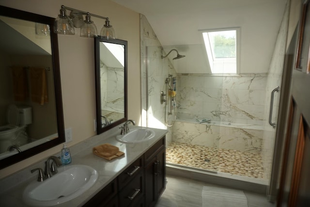 4914 W State Route 113, Kankakee, IL 60901 - full bath featuring a marble finish shower, a skylight, and double vanity