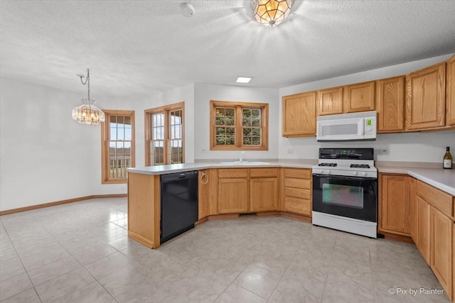 31-58 Wakonda Dr, Lake Carroll, IL 61046 - kitchen with white appliances, a peninsula, a textured ceiling, light countertops, and a chandelier