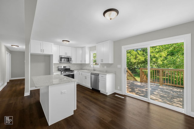 19228 W Quail Ct, Elwood, IL 60421 - kitchen with appliances with stainless steel finishes, dark wood finished floors, light stone countertops, and a center island