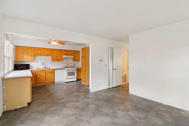 822 Texas Ct, Carol Stream, IL 60188 - kitchen featuring white appliances, under cabinet range hood, light countertops, a ceiling fan, and finished concrete flooring