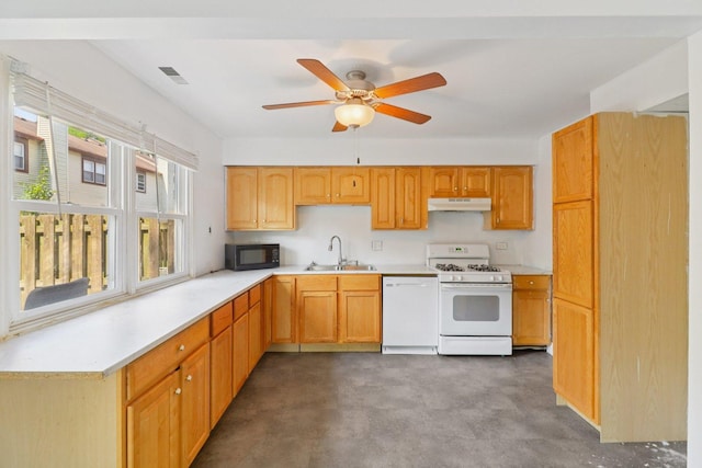 822 Texas Ct, Carol Stream, IL 60188 - kitchen featuring white appliances, under cabinet range hood, light countertops, and ceiling fan