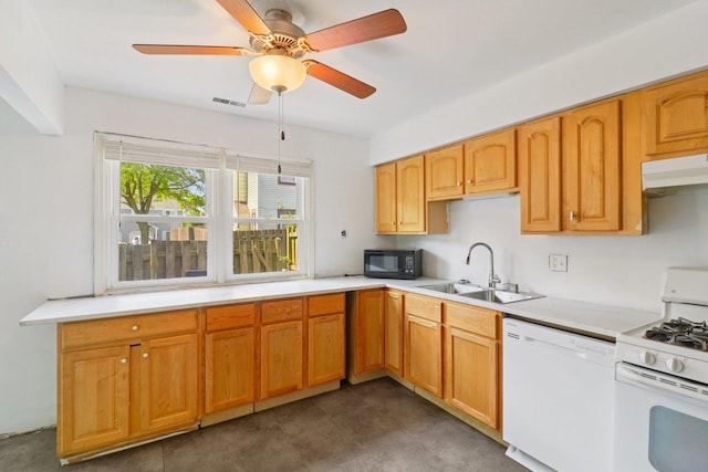 822 Texas Ct, Carol Stream, IL 60188 - kitchen featuring white appliances, light countertops, under cabinet range hood, and a ceiling fan