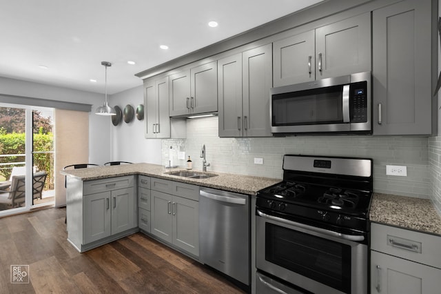 8909 Silverdale Dr Unit 5C, Orland Park, IL 60462 - kitchen featuring appliances with stainless steel finishes, gray cabinets, a peninsula, dark wood-style floors, and decorative backsplash