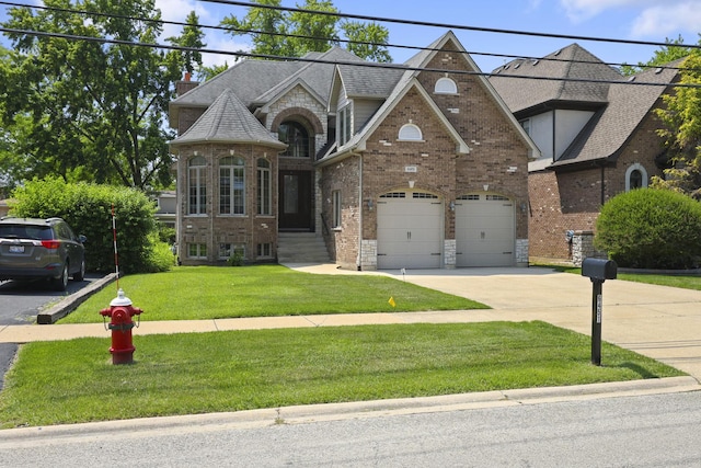 6451 W 81st St, Burbank, IL 60459 - view of front of house with driveway, a front lawn, an attached garage, stone siding, and brick siding